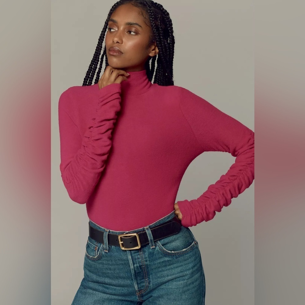 NWT Size XL - Anthropologie Ruched-Sleeve Turtleneck Top Color: RASPBERRY - Picture 4 of 16